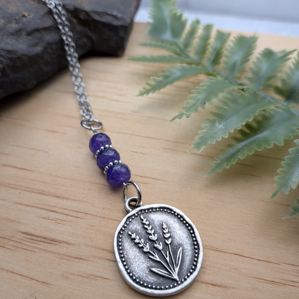 Silver and Purple Lavender Flower Pendant Necklace - Picture 3 of 4